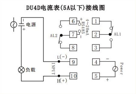 DU4D數顯電流表直接接線示例圖 DU4D數顯電流表直接接線示例圖