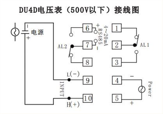 DU4D數字電壓表直接接線示例圖 DU4D數字電壓表直接接線示例圖