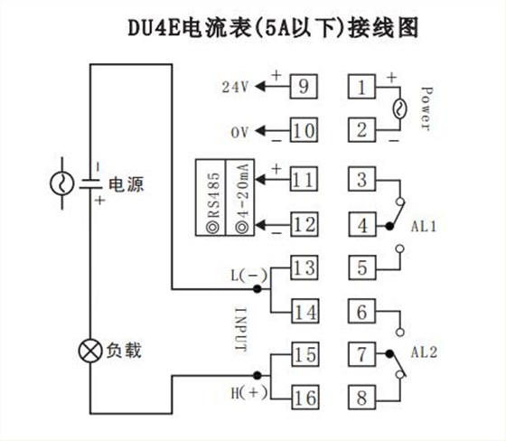 DU4E數顯電流表直接接線示例圖 DU4E數顯電流表直接接線示例圖