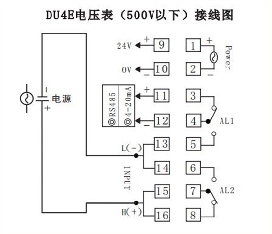 DU4E數顯電壓表直接接線示例圖 DU4E數顯電壓表直接接線示例圖