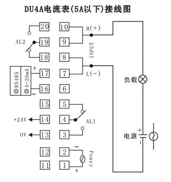 DU4A數顯電流表直接接線示例圖 DU4A數顯電流表直接接線示例圖