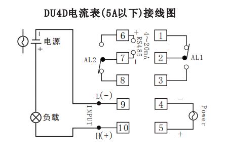 DU4D數顯電流表直接接線示例圖 DU4D數顯電流表直接接線示例圖