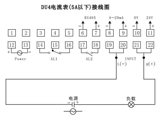 DU4數顯電流表直接接線示例圖 DU4數顯電流表直接接線示例圖
