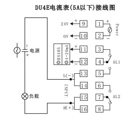 DU4E數顯電流表直接接線示例圖 DU4E數顯電流表直接接線示例圖