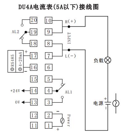 DU4A數顯電流表直接接線示例圖 DU4A數顯電流表直接接線示例圖